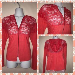 NWT- Coral pink zip up cardigan w. lace detailing
